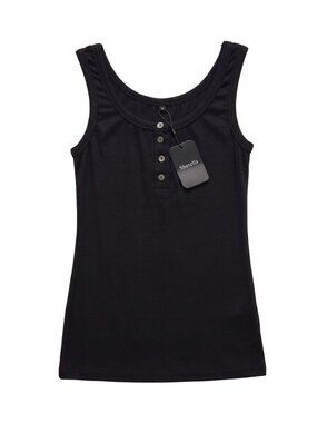 NWT | Shetells Black Ribbed Henley Button Scoop Neck Tank Top Soft | Small